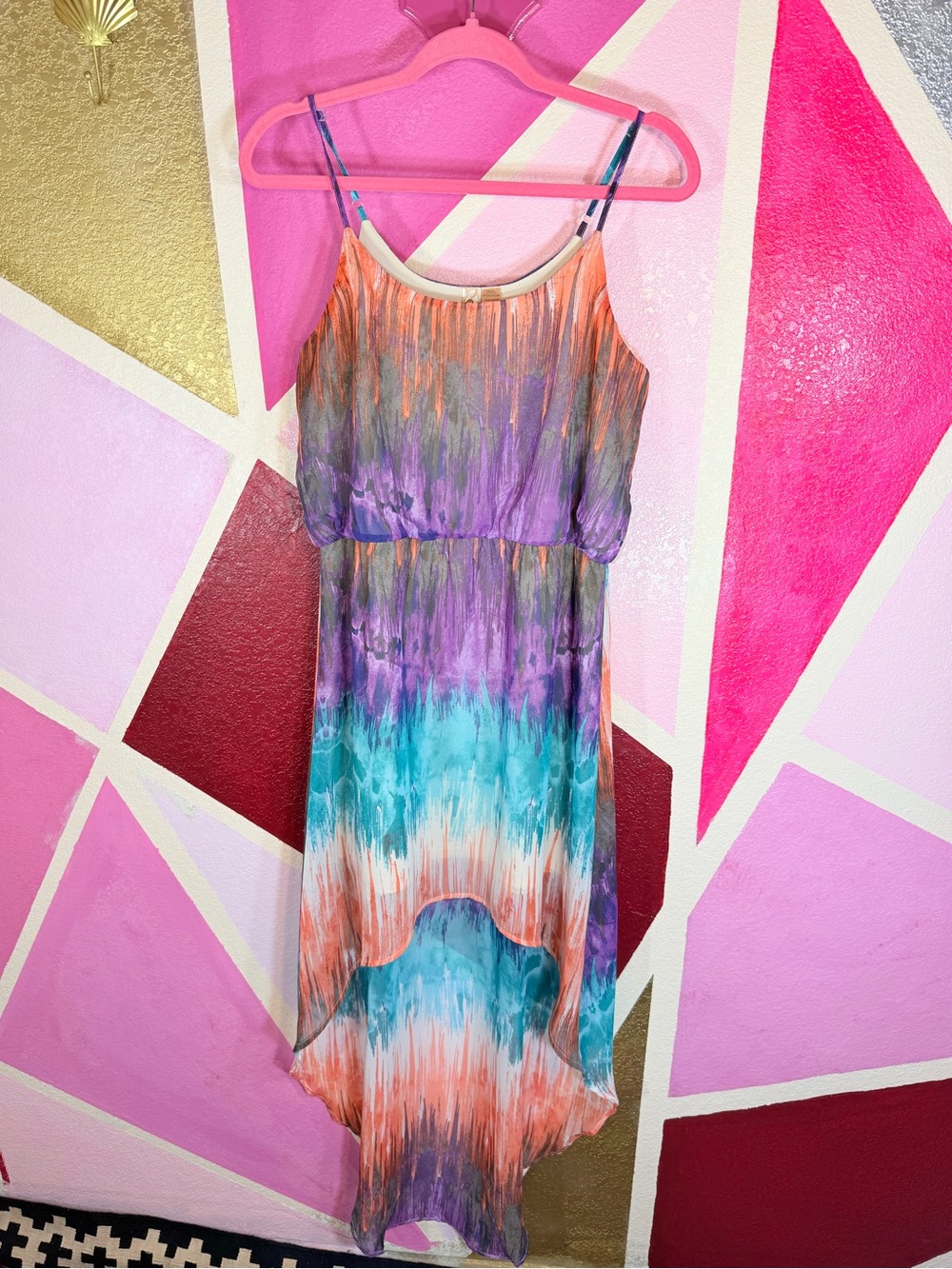 Eyeshadow Watercolor Chiffon High Low Maxi Dress Purple Teal Coral L